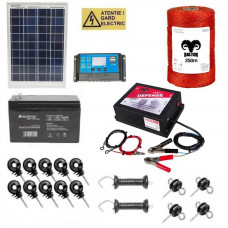 Pachet gard electric 2.5J Daltor + Fir 250m 90kg + Panou solar 10W + Acumulator 12V 7Ah Pachet gard electric 2.5J Daltor + Fir 250m 90kg + Panou solar 10W + Acumulator 12V 7Ah