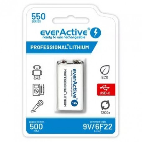 EverActive Acumulator 9V 550mAh Ni-MH cu Incarcare USB-C 6LR61 6LF22 Professional Line [1]