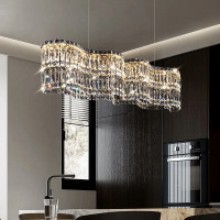 Candelabru Cristal LED cu Telecomanda WAVE Imperio, 81W, 100cm, Crom Lucios, Lumina Calda/Rece/Neutra, Inaltime Reglabila, Lumina Dimabila, Metal si Cristal