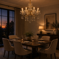 Candelabru Cristal PSE Supremo, 12xE14, D88cm, Inaltime Reglabila, Metal si Cristal, Auriu