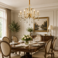 Candelabru Cristal PSE Magno, 6xE14, D61cm, Inaltime Reglabila, Metal si Cristal, Auriu