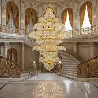 Candelabru Cristal PALACE Grande, 52 de brate, 96xG9, Diametru 150cm, Inaltime 230cm, Auriu Lucios, Inaltime Reglabila, Design Elegant