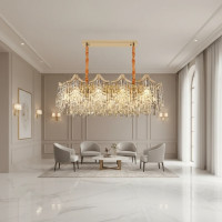 Candelabru Cristal VETRA Supremo 15xE14, 100x35 cm, Auriu, Inaltime Reglabila, Metal si Cristal