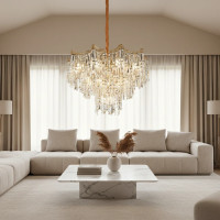 Candelabru Cristal VETRA Nobile 6xE14, D40 cm, Auriu, Inaltime Reglabila, Metal si Cristal