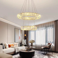 Lustra LED cu telecomanda LLC130/2CH, Cristal si Metal, 62W, 2 Cercuri, Dimabila, Inaltime Reglabila, Lumina Rece/Calda/Neutra, Iluminat Luxos