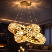 Lustra LED cu Telecomanda, LLC135/2GD, Cristal si Metal, 54W, 2 Cerc, Dimabila, Inaltime Reglabila, Lumina Rece/Calda/Neutra 3000K/4000K/6000K, Iluminat Luxos