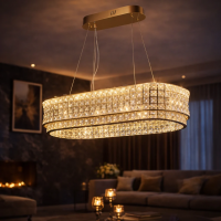Lustra LED cu Telecomanda, LLC160/750X350GD, Cristal si Metal, 72W, Dimabila, Inaltime Reglabila, Lumina Rece/Calda/Neutra, Iluminat Luxos