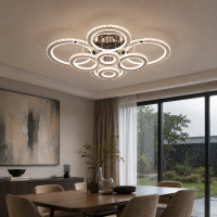 Lustra LED cu telecomanda si cristal NOVA ROTONDA RGB 239W, 8 Cercuri, lumina Rece/Calda/Neutra, Dimabila, Crom Lucios