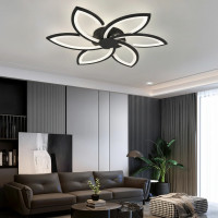 Lustra LED cu telecomanda si cristal FLORA 82W, 6 Petale, lumina Rece/Calda/Neutra, Dimabila, Negru