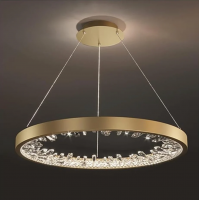 Lustra LED suspendata cu telecomanda, Cristale K9, 29W, 1 Cerc, lumina Rece/Calda/Neutra, Dimabila, Auriu, Inaltime Reglabila