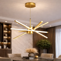 Lustra LED cu Telecomanda LT176/5GD, 69W, 5 Elemente, Lumina Rece/Clada/Neutra 3000K/4000K/6000K, Dimabila, Auriu, Inaltime Reglabila, Metal si Acril