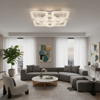 Lustra LED RENATO Magno cu telecomanda si cristal, 128W, 8 Patrate, Lumina Rece/Calda/Neutra, Dimabila, Alb