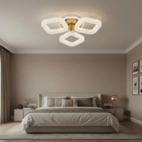 Lustra LED RENATO Nobile cu telecomanda si cristal, 39W, 3 Patrate, Lumina Rece/Calda/Neutra, Dimabila, Auriu