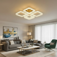 Lustra LED RENATO Magno cu telecomanda si cristal, 118W, 5 Patrate, Lumina Rece/Calda/Neutra, Dimabila, Auriu