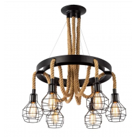 Lustra Suspendata Vintage, LV583/6BK, 6xE27, Diametru 60 cm, Inaltime Reglabila, IP20, Maro, Metal si Sfoara, Becuri Neincluse