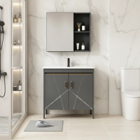 Set Mobilier SIENA pentru Baie ,Dulap Lavoar+Dulap Oglinda 100cm, 2 Piese, Gri si Negru