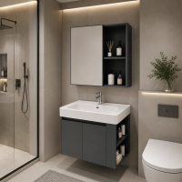 Set Mobilier EVOQ pentru Baie ,Latime 70cm, 2 Piese, Gri si Alb