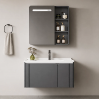 Set Mobilier ORIA pentru Baie, Dulap Lavoar+Dulap Oglinda 60cm, 2 Piese, Gri si Alb