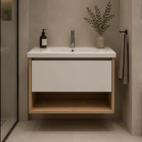 Set Mobilier VALO pentru Baie, Dulap Lavoar, 1 Sertar, Alb si Maro