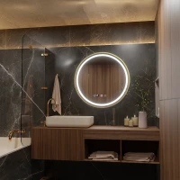 Oglinda LED Touch LUSSO Sistem Dezaburire, Ceas si Temperatura, 50 cm, rama Auriu Brushed Oglinda LED Touch LUSSO Sistem Dezaburire, Ceas si Temperatura, 50 cm, rama Auriu Brushed