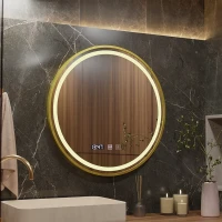 Oglinda LED Touch LUSSO, Sistem Dezaburire, Ceas si Temperatura, Diametru 60cm, Rama Auriu Brushed, Lumina Calda Rece Neutra 3000K/4500K/6000K, Dimabila