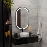 Oglinda LED Touch Helmut, Sistem Dezaburire, Ceas si Temperatura 45x90 cm, Rama Negru, Brushed Marcello Funghi