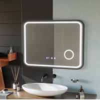 Oglinda LED Touch Bernd Sistem Dezaburire, Ceas si Temperatura 80x60 cm Rama Negru Brushed Lupa Cosmetica