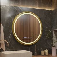 Oglinda LED Rotunda, 80cm, Celeste Royale Gold MotionGlow Marcello, Lumina Calda/ Neutra/ Rece, Sistem Dezaburire, Ceas & Termometru, Dimabila