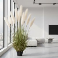 Planta Artificiala Iarba Ornamentala, 240cm, cu 9 fire, Stuf si Iarba, Verde si Roz, Fara Ghiveci