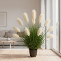 Planta Artificiala Iarba Ornamentala, 137 cm, 11 tulpini, Stuf si Iarba, Verde deschis si Alb, Fara Ghiveci
