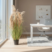 Planta Artificiala Iarba Ornamentala, 90 cm, cu 5 Fire, Stuf si Iarba, Verde Tomnal, Fara Ghiveci