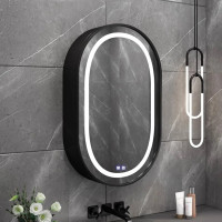 Oglinda LED cu Dulap, Ovala, 50x80cm, Dezaburire, Lumina Rece/Calda/Neutra, Rama Neagra, Spatiu de Depozitare