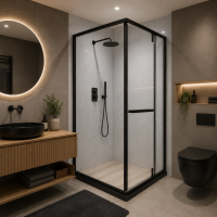 Paravan dus Walk-In 90x90x195 cm, sticla securizata 7.6 mm, satin, profil metalic rezistent, Transparent si Negru Paravan dus Walk-In 90x90x195 cm, sticla securizata 7.6 mm, satin, profil metalic rezistent, Transparent si Negru