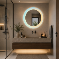 Oglinda LED FISHMAN Rotunda, 70cm, Rama din acrilic cu efect irizat, Senzor, Lumina 3000K, 4000K, 6000K, Sistem Dezaburire, Acrilic, Functii Ceas si Temperatura