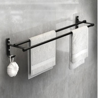 Suport din aluminiu pentru 2 prosoape + 2 cuiere, lungime 60 cm, culoare Neagra Suport din aluminiu pentru 2 prosoape + 2 cuiere, lungime 60 cm, culoare Neagra