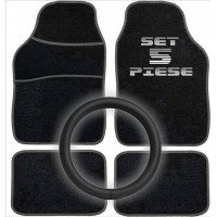 Set Auto Essential AVEX – 5 piese, Covorase Universale Mocheta + Husa Volan Piele Ecologica Perforata, Negru