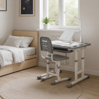 Set birou reglabil pentru copii cu scaun ergonomic, lampa LED USB, blat inclinabil, suport carti si organizator, 70 x 51 cm, culoare gri/alb, pentru scolari si prescolari