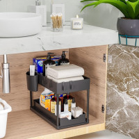 Organizator multifunctional pentru chiuveta cu recipient de depozitare glisant, utilizabil in bucatarie sau baie dimensiuni, 40 x 23 x 32 cm, culoare Neagra