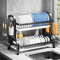Suport uscator de vase metalic cu 2 nivele si tavi de scurgere, dimensiuni 43 x 30 x 23 cm, culoare Neagra