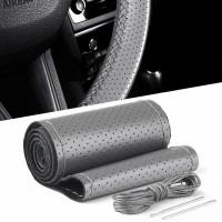 Husa volan din PIELE GRI + ATA GRI, diametru 37 - 39 cm (se coase, aspect ORIGINAL)