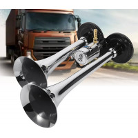 Claxon bitonal cu 2 goarne, alimentare 12/24V pentru vehiculele dotate cu compresor de aer, culoare Crom/Negru
