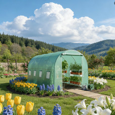 Solar de gradina, dimensiune 400x300x200cm, folie verde PE cu plasa 140g/mp UV, 1 usa, 8 ferestre, teava otel galvanizat de 19mm Solar de gradina, dimensiune 400x300x200cm, folie verde PE cu plasa 140g/mp UV, 1 usa, 8 ferestre, teava otel galvanizat de 19mm