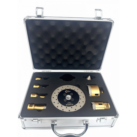 Set carote diamantate pt. gresie portelanata & piatra - diam. 6, 8, 10, 20, 35, 68 (mm), freza conica, disc taiere si ceara PREMIUM - DXDY.GOLDrill.9SET [1]