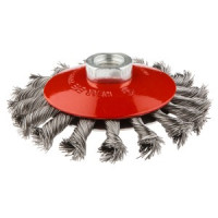 Perie conica, rosu,115mm x M14 sarma inox impletita 0.50mm Perie conica, rosu,115mm x M14 sarma inox impletita 0.50mm