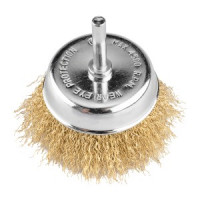 Perie tip cupa 75 mm, sirma incretita, placata cu alama, cu tija de 6 mm Perie tip cupa 75 mm, sirma incretita, placata cu alama, cu tija de 6 mm