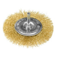 Perie tip roata din sirma incretita placata cu alama, 100 mm, cu tija de 6 mm Perie tip roata din sirma incretita placata cu alama, 100 mm, cu tija de 6 mm