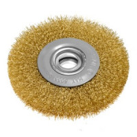 Perie tip roata din sirma incretita placata cu alama 125 x 20 mm Perie tip roata din sirma incretita placata cu alama 125 x 20 mm