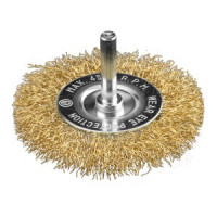 Perie tip roata din sirma incretita placata cu alama, 80 mm, cu tija de 6 mm Perie tip roata din sirma incretita placata cu alama, 80 mm, cu tija de 6 mm