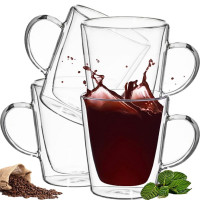 Set 4 cani cu pereti dubli, Quasar & Co.®, 250 ml, model drept, termorezistenta, transparent