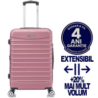 Troler mediu extensibil Quasar & Co.®, 66x41x26-31cm, bagaj de cala, troller avion cu fermoar antifurt, cifru, maner telescopic, geamantan cu 4 roti duble silentioase 360°, valiza ABS 2.8 mm, 2 compartimente cu buzunar, LINE, Roz pudrat